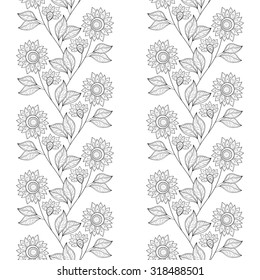 Vector Seamless Monochrome Floral Pattern. Hand Drawn Floral Texture, Decorative Flowers, Coloring Book