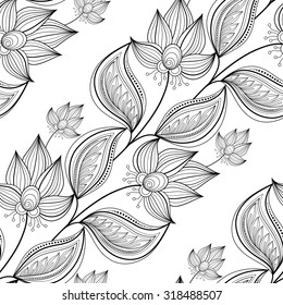 Vector Seamless Monochrome Floral Pattern. Hand Drawn Floral Texture, Decorative Flowers, Coloring Book