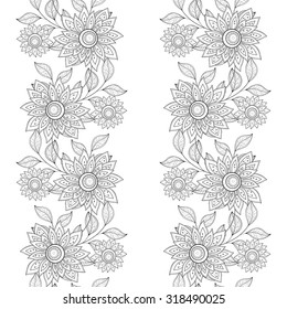 Vector Seamless Monochrome Floral Pattern. Hand Drawn Floral Texture, Decorative Flowers, Coloring Book