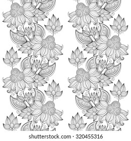 Vector Seamless Monochrome Floral Pattern. Hand Drawn Floral Texture, Decorative Flowers, Coloring Book