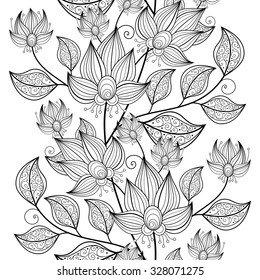 Vector Seamless Monochrome Floral Pattern. Hand Drawn Floral Texture, Decorative Flowers, Coloring Book