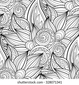 Vector Seamless Monochrome Floral Pattern. Hand Drawn Floral Texture, Decorative Flowers, Coloring Book