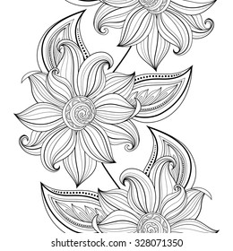 Vector Seamless Monochrome Floral Pattern. Hand Drawn Floral Texture, Decorative Flowers, Coloring Book