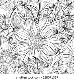 Vector Seamless Monochrome Floral Pattern. Hand Drawn Floral Texture, Decorative Flowers, Coloring Book