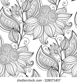 Vector Seamless Monochrome Floral Pattern. Hand Drawn Floral Texture, Decorative Flowers, Coloring Book