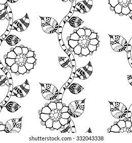 Vector Seamless Monochrome Floral Pattern. Hand Drawn Floral Texture, Decorative Flowers, Coloring Book
