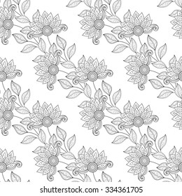 Vector Seamless Monochrome Floral Pattern. Hand Drawn Floral Texture, Decorative Flowers, Coloring Book