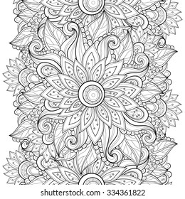 Vector Seamless Monochrome Floral Pattern. Hand Drawn Floral Texture, Decorative Flowers, Coloring Book