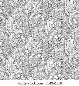 Vector Seamless Monochrome Floral Pattern. Hand Drawn Floral Texture, Decorative Flowers, Coloring Book