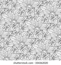 Vector Seamless Monochrome Floral Pattern. Hand Drawn Floral Texture, Decorative Flowers, Coloring Book
