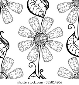 Vector Seamless Monochrome Floral Pattern. Hand Drawn Floral Texture, Decorative Flowers, Coloring Book