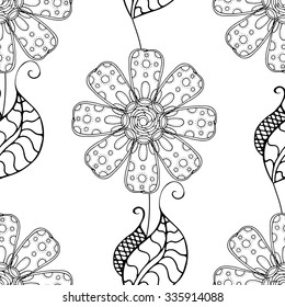 Vector Seamless Monochrome Floral Pattern. Hand Drawn Floral Texture, Decorative Flowers, Coloring Book