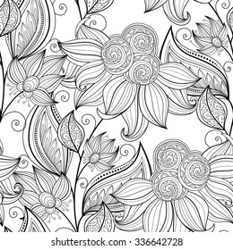 Vector Seamless Monochrome Floral Pattern. Hand Drawn Floral Texture, Decorative Flowers, Coloring Book