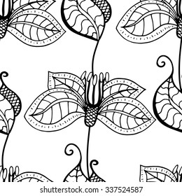 Vector Seamless Monochrome Floral Pattern. Hand Drawn Floral Texture, Decorative Flowers, Coloring Book