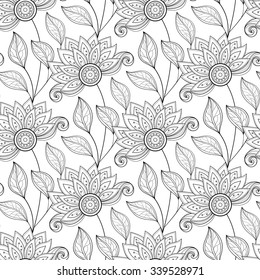 Vector Seamless Monochrome Floral Pattern. Hand Drawn Floral Texture, Decorative Flowers, Coloring Book