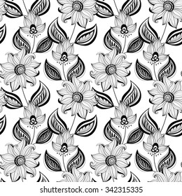 Vector Seamless Monochrome Floral Pattern. Hand Drawn Floral Texture, Decorative Flowers, Coloring Book
