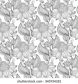 Vector Seamless Monochrome Floral Pattern. Hand Drawn Floral Texture, Decorative Flowers, Coloring Book