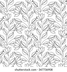Vector Seamless Monochrome Floral Pattern. Hand Drawn Floral Texture, Decorative Flowers, Coloring Book