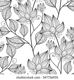 Vector Seamless Monochrome Floral Pattern. Hand Drawn Floral Texture, Decorative Flowers, Coloring Book