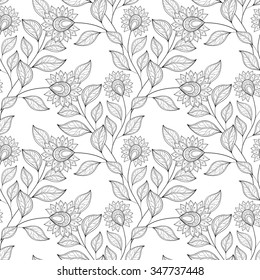 Vector Seamless Monochrome Floral Pattern. Hand Drawn Floral Texture, Decorative Flowers, Coloring Book
