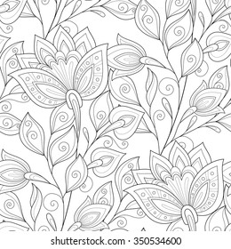 Vector Seamless Monochrome Floral Pattern. Hand Drawn Floral Texture, Decorative Flowers, Coloring Book