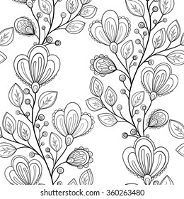 Vector Seamless Monochrome Floral Pattern. Hand Drawn Floral Texture, Decorative Flowers, Coloring Book