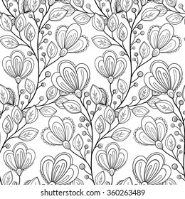 Vector Seamless Monochrome Floral Pattern. Hand Drawn Floral Texture, Decorative Flowers, Coloring Book