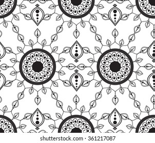 Vector Seamless Monochrome Floral Pattern. Vector ornate floral design., Decorative mandal for Coloring Book 