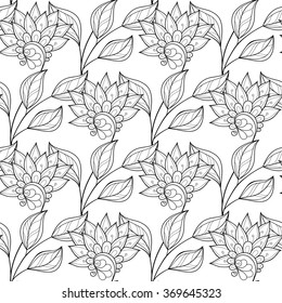 Vector Seamless Monochrome Floral Pattern. Hand Drawn Floral Texture, Decorative Flowers, Coloring Book