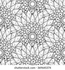 Vector Seamless Monochrome Floral Pattern. Hand Drawn Floral Texture, Decorative Flowers, Coloring Book