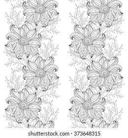 Vector Seamless Monochrome Floral Pattern. Hand Drawn Floral Texture, Decorative Flowers, Coloring Book