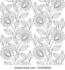 Vector Seamless Monochrome Floral Pattern. Hand Drawn Floral Texture, Decorative Flowers, Coloring Book
