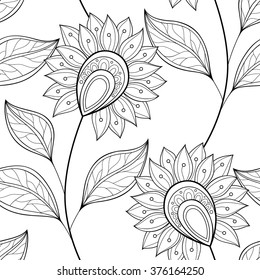 Vector Seamless Monochrome Floral Pattern. Hand Drawn Floral Texture, Decorative Flowers, Coloring Book