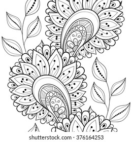 Vector Seamless Monochrome Floral Pattern. Hand Drawn Floral Texture, Decorative Flowers, Coloring Book