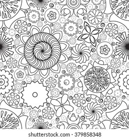 Vector seamless monochrome floral pattern. Imitation of hand drawn flower doodle texture, decorative coloring book for grown up and adult. Endless drawing for stress relief. Zentangle.