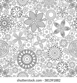 Vector seamless monochrome floral pattern. Imitation of hand drawn flower doodle texture, decorative coloring book for grown up and adult. Endless drawing for stress relief. Zentangle.