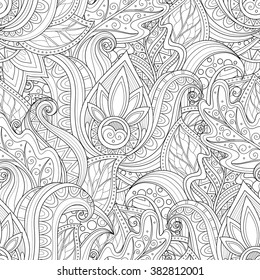 Vector Seamless Monochrome Floral Pattern. Hand Drawn Floral Texture, Decorative Flowers, Coloring Book