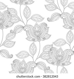 Vector Seamless Monochrome Floral Pattern. Hand Drawn Floral Texture, Decorative Flowers, Coloring Book