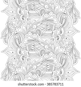 Vector Seamless Monochrome Floral Pattern. Hand Drawn Floral Texture, Decorative Flowers, Coloring Book