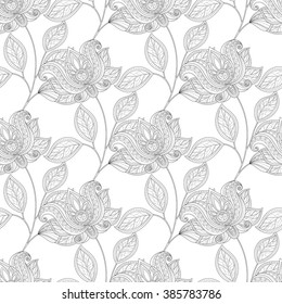 Vector Seamless Monochrome Floral Pattern. Hand Drawn Floral Texture, Decorative Flowers, Coloring Book