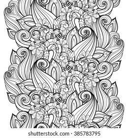 Vector Seamless Monochrome Floral Pattern. Hand Drawn Floral Texture, Decorative Flowers, Coloring Book