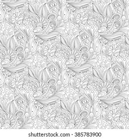 Vector Seamless Monochrome Floral Pattern. Hand Drawn Floral Texture, Decorative Flowers, Coloring Book