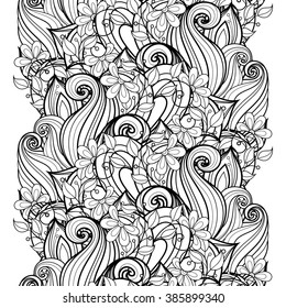 Vector Seamless Monochrome Floral Pattern. Hand Drawn Floral Texture, Decorative Flowers, Coloring Book