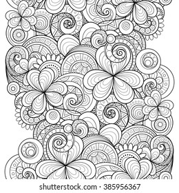 Vector Seamless Monochrome Floral Pattern with Decorative Clover and Coins. Hand Drawn Saint Patrick's Day Holiday Texture. Paisley Garden Style