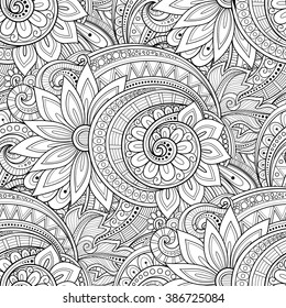 Vector Seamless Monochrome Floral Pattern. Hand Drawn Floral Texture, Decorative Flowers, Coloring Book