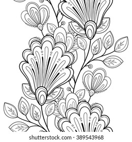 Vector Seamless Monochrome Floral Pattern. Hand Drawn Floral Texture, Decorative Flowers, Coloring Book