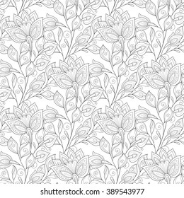 Vector Seamless Monochrome Floral Pattern. Hand Drawn Floral Texture, Decorative Flowers, Coloring Book