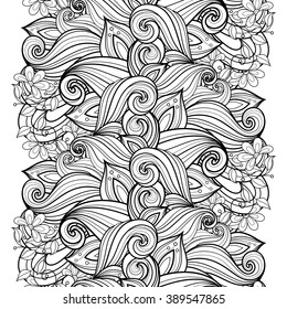 Vector Seamless Monochrome Floral Pattern. Hand Drawn Floral Texture, Decorative Flowers, Coloring Book