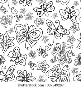 Vector Seamless Monochrome Floral Pattern. Hand Drawn Floral Texture with Insects, Decorative Flowers, Coloring Book