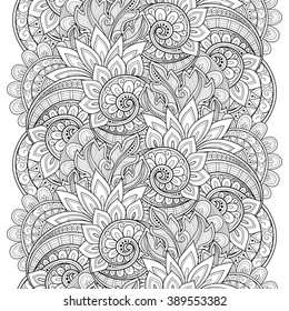 Vector Seamless Monochrome Floral Pattern. Hand Drawn Floral Texture, Decorative Flowers, Coloring Book